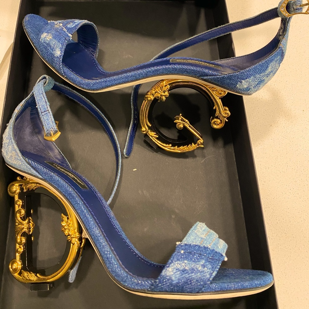 Dolce & Gabbana Blue Denim Sandals with Ornate Gold Sculpted Heels